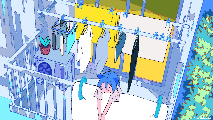 1girl air_conditioner animal_ears animated animated_gif antenna_hair apartment balcony blue_hair bug butterfly cat_ears closed_eyes clothes_hanger clothes_pin clothesline from_above from_outside from_side head_rest insect laundry leaning_forward leaning_on_object limited_palette niwabuki noshime_ruka original plant potted_plant shirt short_sleeves signature solo tree v_arms wind