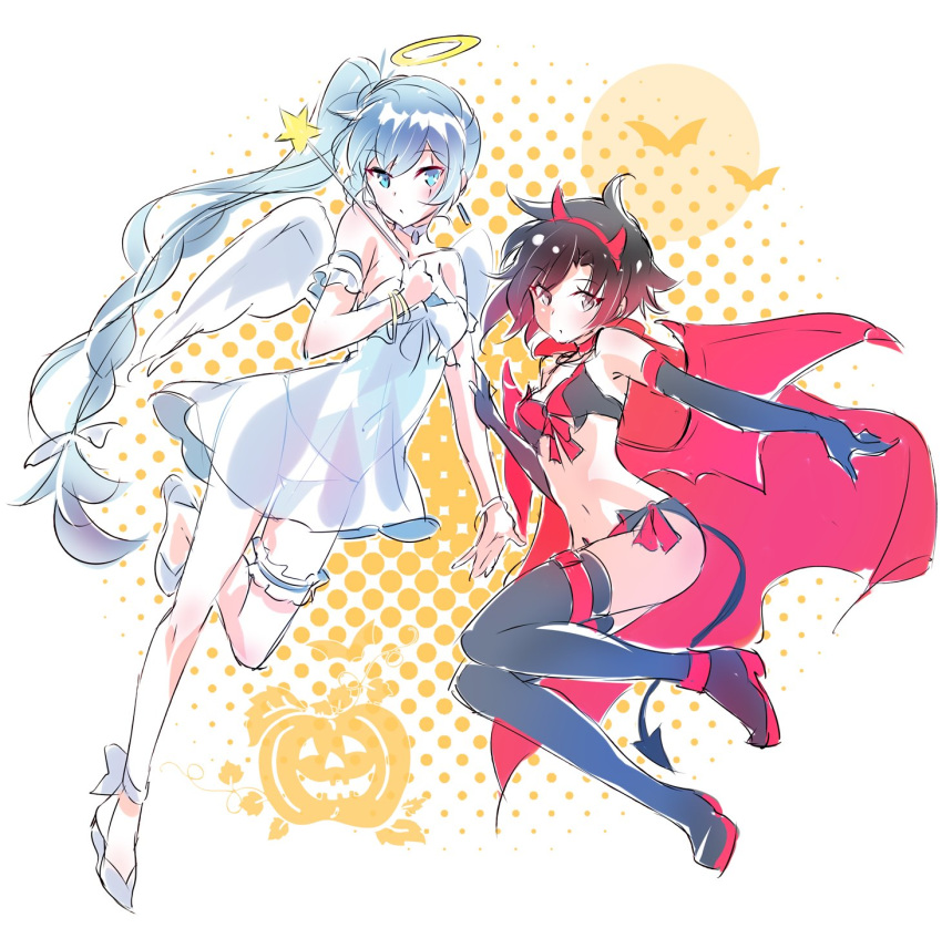 2girls angel angel_and_devil angel_wings black_hair boots cape contrast cosplay demon demon_girl demon_horns demon_tail demon_wings gradient_hair grey_eyes halo highres horns iesupa midriff multicolored_hair multiple_girls navel ponytail red_cape redhead ruby_rose rwby scar scar_across_eye see-through short_hair short_shorts shorts side_ponytail single_garter tail thigh-highs thigh_boots two-tone_hair weiss_schnee white_hair white_wings wings