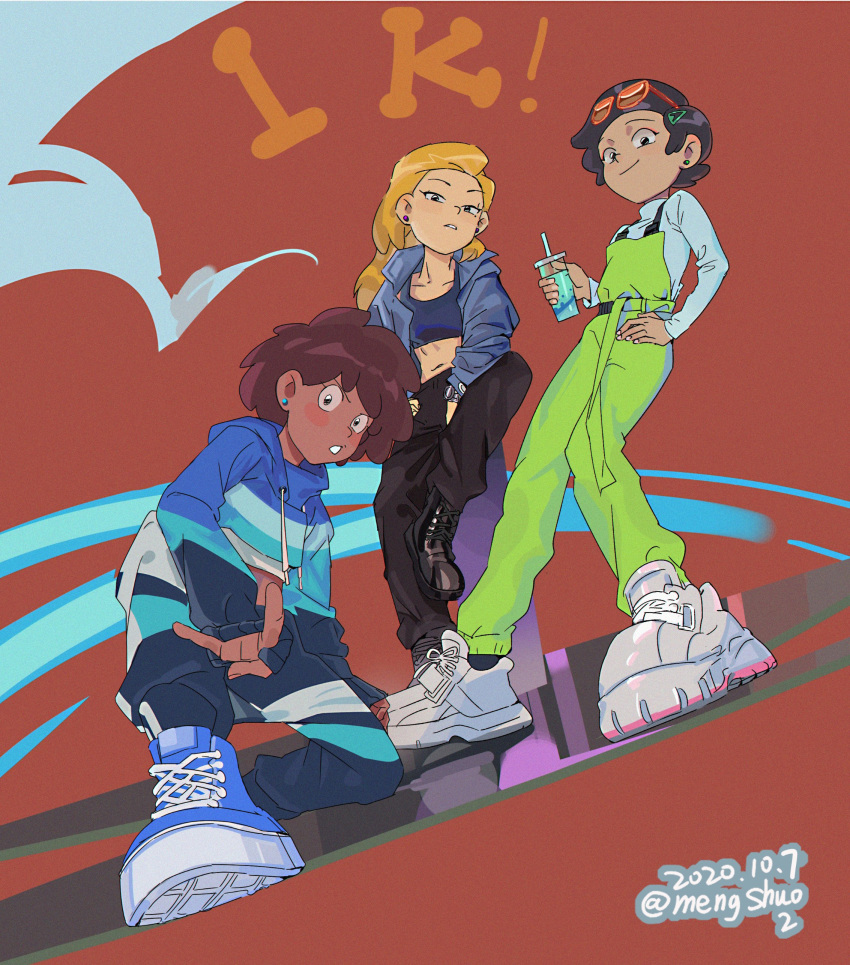 3girls \m/ absurdres amphibia anne_boonchuy black_hair blonde_hair boots brown_hair crop_top dark_skin eyewear_on_head head_tilt highres hood hoodie marcy_wu mengshuo2019 multiple_girls navel open_mouth overalls parted_lips ponytail sasha_waybright shoes short_hair smile sneakers squatting stomach