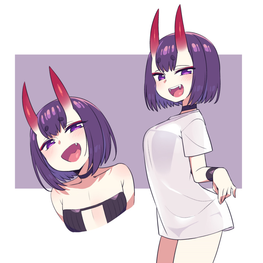 1girl :d alternate_costume blush breasts chan_co choker cowboy_shot eyebrows_visible_through_hair eyeliner fang fangs fate/grand_order fate_(series) flat_chest from_side highres horns makeup multiple_views oni_horns open_mouth outside_border purple_hair see-through shirt short_eyebrows short_hair shuten_douji_(fate/grand_order) simple_background small_breasts smile t-shirt violet_eyes wristband