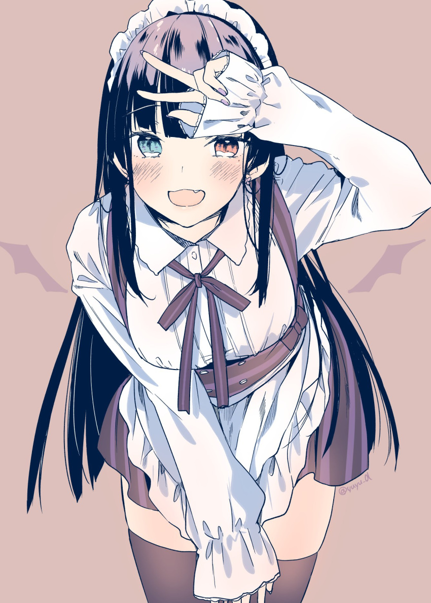 1girl :d apron bangs black_hair black_legwear blue_eyes blunt_bangs blush collared_shirt commentary cowboy_shot dress dress_shirt earrings eyebrows_visible_through_hair eyelashes fang fingernails flower_earrings frilled_apron frilled_headband frills hand_on_own_knee heterochromia highres hime_cut jewelry leaning_forward long_hair long_sleeves looking_at_viewer maid maid_apron maid_headdress nail_polish neck_ribbon open_mouth original pinafore_dress purple_dress purple_nails purple_neckwear purple_ribbon red_eyes ribbon shiny shiny_hair shirt simple_background skindentation sleeves_past_wrists smile solo standing straight_hair striped thigh-highs tsurime twitter_username underbust v vertical-striped_dress vertical_stripes waist_apron white_apron white_shirt wing_collar yu_yu zettai_ryouiki
