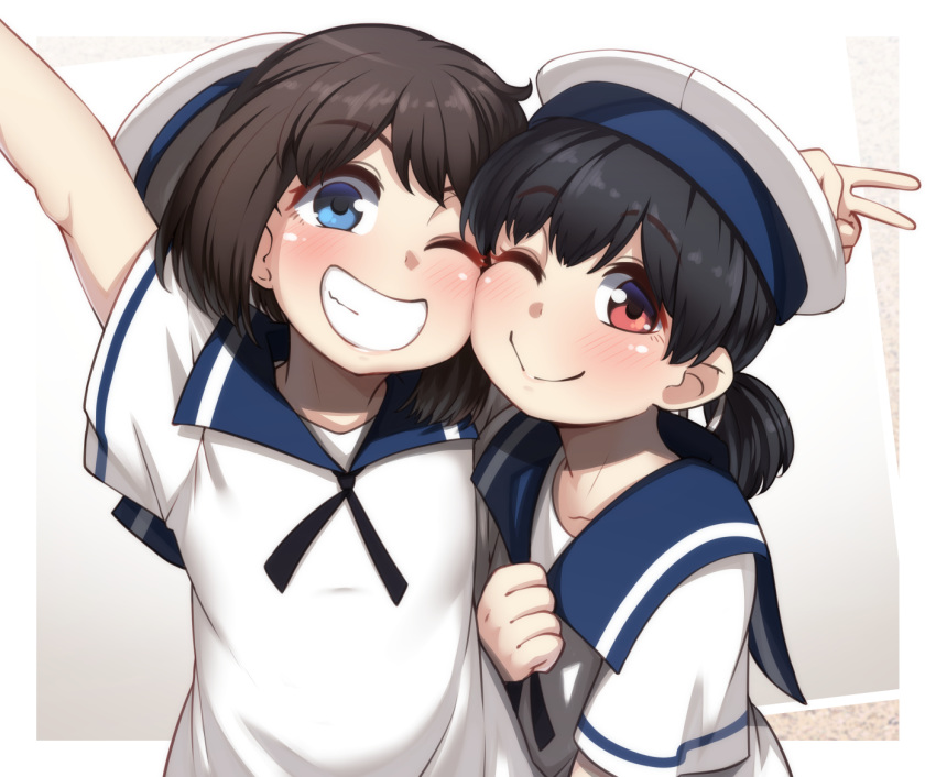 2girls black_hair blue_eyes blush bob_cut brown_eyes closed_mouth daitou_(kantai_collection) dress eyebrows_visible_through_hair grin hat hiburi_(kantai_collection) high_ponytail kantai_collection low_ponytail multiple_girls one_eye_closed ryuun_(stiil) sailor_dress sailor_hat short_hair short_sleeves smile upper_body v white_dress white_headwear