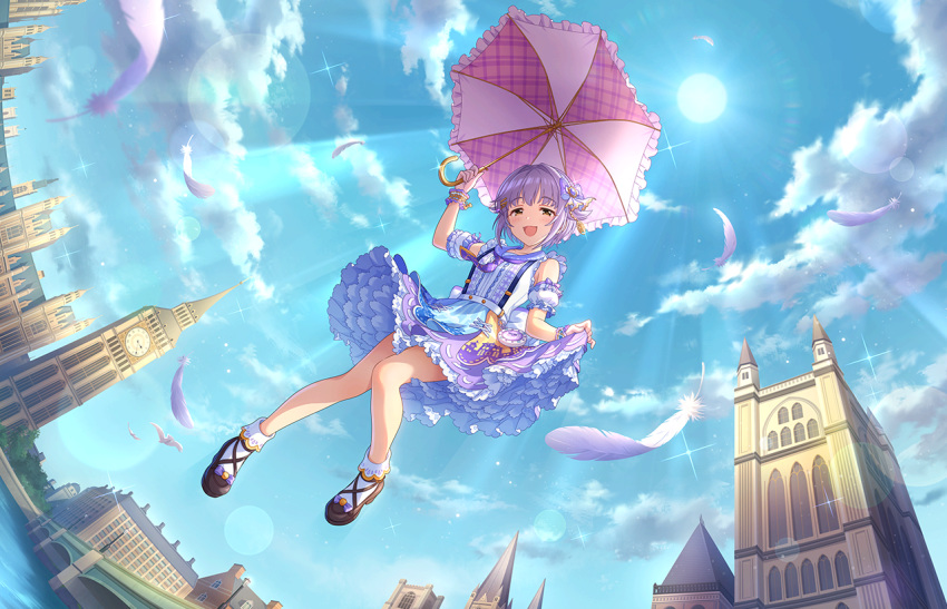 dress idolmaster_cinderella_girls_starlight_stage koshimizu_sachiko purple_hair short_hair sky smile umbrella yellow_eyes