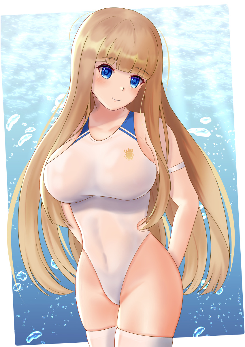 1girl absurdres artist_request azur_lane blonde_hair blue_eyes breasts competition_swimsuit eyebrows_visible_through_hair highleg highleg_swimsuit highres icarus_(azur_lane) icarus_(nereid's_discovery)_(azur_lane) impossible_clothes impossible_swimsuit large_breasts one-piece_swimsuit royal_navy_(emblem) side_cutout solo swimsuit thigh-highs underwater white_legwear white_swimsuit