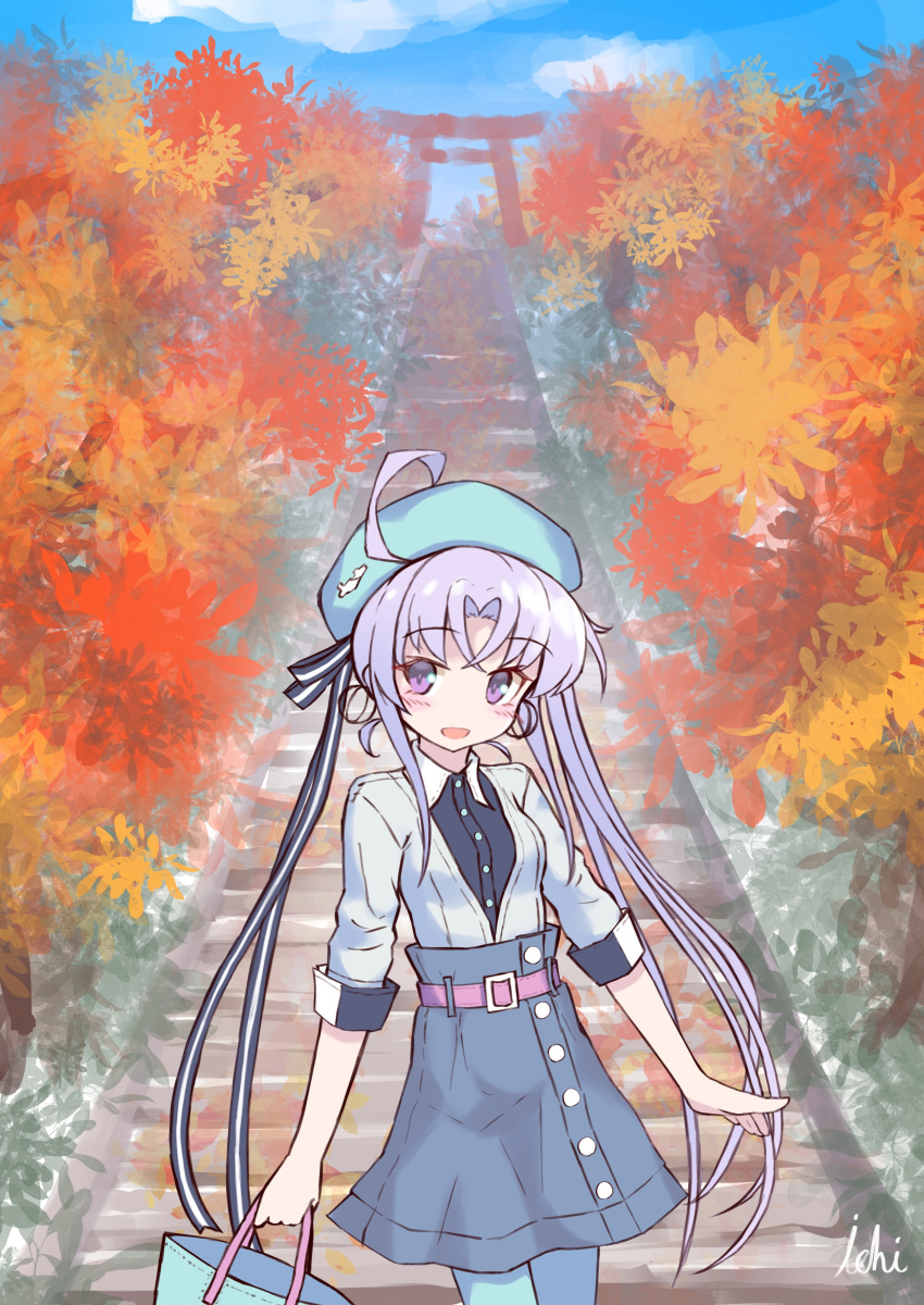 1girl :d absurdres ahoge akitsushima_(kantai_collection) alternate_costume autumn autumn_leaves bag bangs beret black_shirt blue_headwear blue_legwear blue_skirt blush breasts collared_shirt commentary_request day denim denim_skirt dress_shirt eyebrows_visible_through_hair hat high-waist_skirt highres holding holding_bag ichi kantai_collection long_hair looking_at_viewer open_mouth outdoors pantyhose parted_bangs purple_hair shirt short_sleeves side_ponytail skirt small_breasts smile solo stairs stone_stairs torii very_long_hair violet_eyes white_shirt