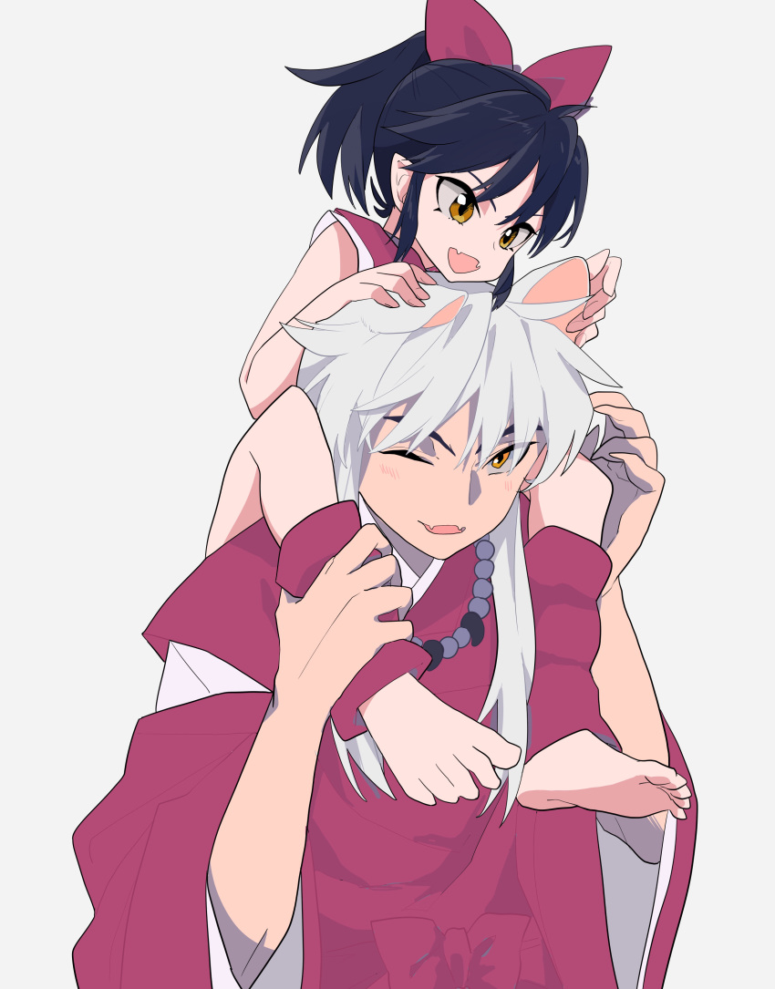 absurdres animal_ears barefoot bead_necklace beads black_hair bow darumao fangs father_and_daughter hair_bow han'you_no_yashahime highres inuyasha inuyasha_(character) jewelry moroha necklace silver_hair skin_fangs toeless_legwear wolf_ears yellow_eyes younger