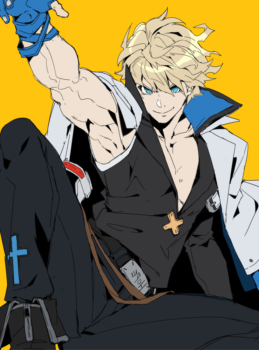 1boy absurdres arm_up armpits bare_chest belt belt_buckle blonde_hair blue_eyes blue_gloves bracelet buckle closed_mouth coat coat_on_shoulders collarbone cross english_text fingerless_gloves fingernails flat_color gloves guilty_gear guilty_gear_strive hair_between_eyes highres jewelry ky_kiske looking_at_viewer makai male_focus muscle shiny shiny_hair simple_background sitting sketch smile solo white_coat yellow_background zipper