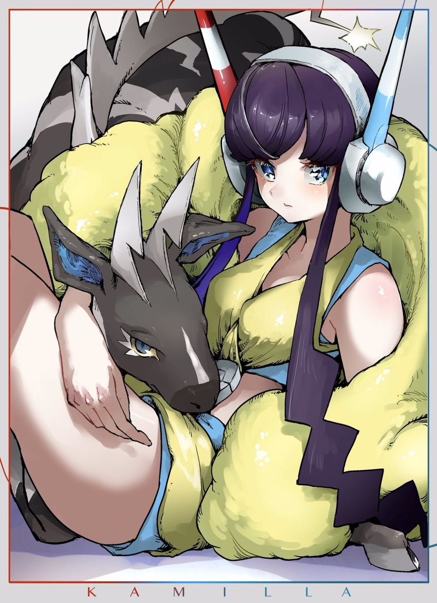 1girl blue_eyes breasts coat commentary_request elesa_(pokemon) fur_coat gen_5_pokemon gym_leader headphones highres looking_at_viewer looking_to_the_side pokemon pokemon_(creature) pokemon_(game) pokemon_bw2 purple_hair shiny short_hair_with_long_locks sitting tamukoro yellow_coat zebstrika