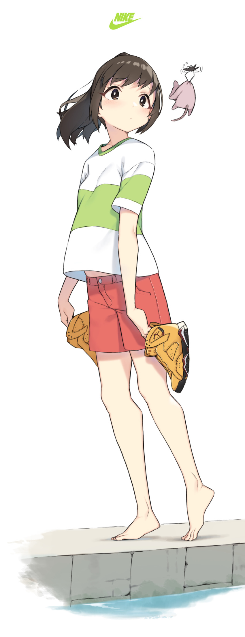 1girl absurdres air_jordan bangs barefoot brown_eyes brown_hair cloba eyebrows_visible_through_hair full_body highres holding holding_shoes nike ogino_chihiro ponytail red_shorts sen_to_chihiro_no_kamikakushi shoes short_hair short_sleeves shorts simple_background solo standing water white_background yellow_footwear