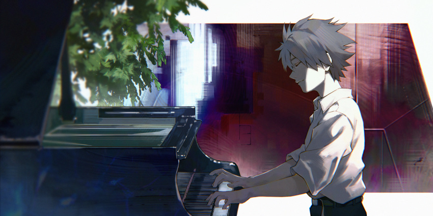1boy absurdres closed_eyes closed_mouth grey_hair highres huge_filesize indoors instrument kyuuba_melo male_focus music nagisa_kaworu neon_genesis_evangelion piano plant playing_instrument playing_piano sleeves_rolled_up smile solo
