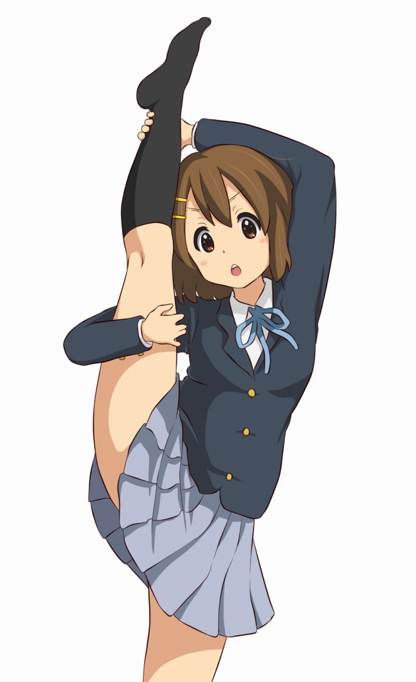 1girl bangs black_legwear blue_ribbon blue_skirt blush brown_eyes brown_hair hair_ornament hairpin highres hirasawa_yui hirondo k-on! leg_lift leg_up long_sleeves looking_at_viewer open_mouth pleated_skirt ribbon sakuragaoka_high_school_uniform school_uniform short_hair skirt socks split standing standing_on_one_leg standing_split