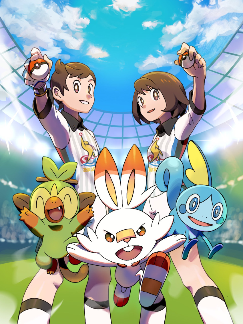 1boy 1girl bangs bob_cut brown_eyes brown_hair clouds collared_shirt commentary_request day eyelashes gen_8_pokemon gloria_(pokemon) grookey hand_up highres holding holding_poke_ball knees light_smile nosutaal poke_ball poke_ball_(basic) pokemon pokemon_(creature) pokemon_(game) pokemon_swsh scorbunny shirt short_hair sky sleeves_past_elbows sobble socks starter_pokemon_trio victor_(pokemon) white_legwear