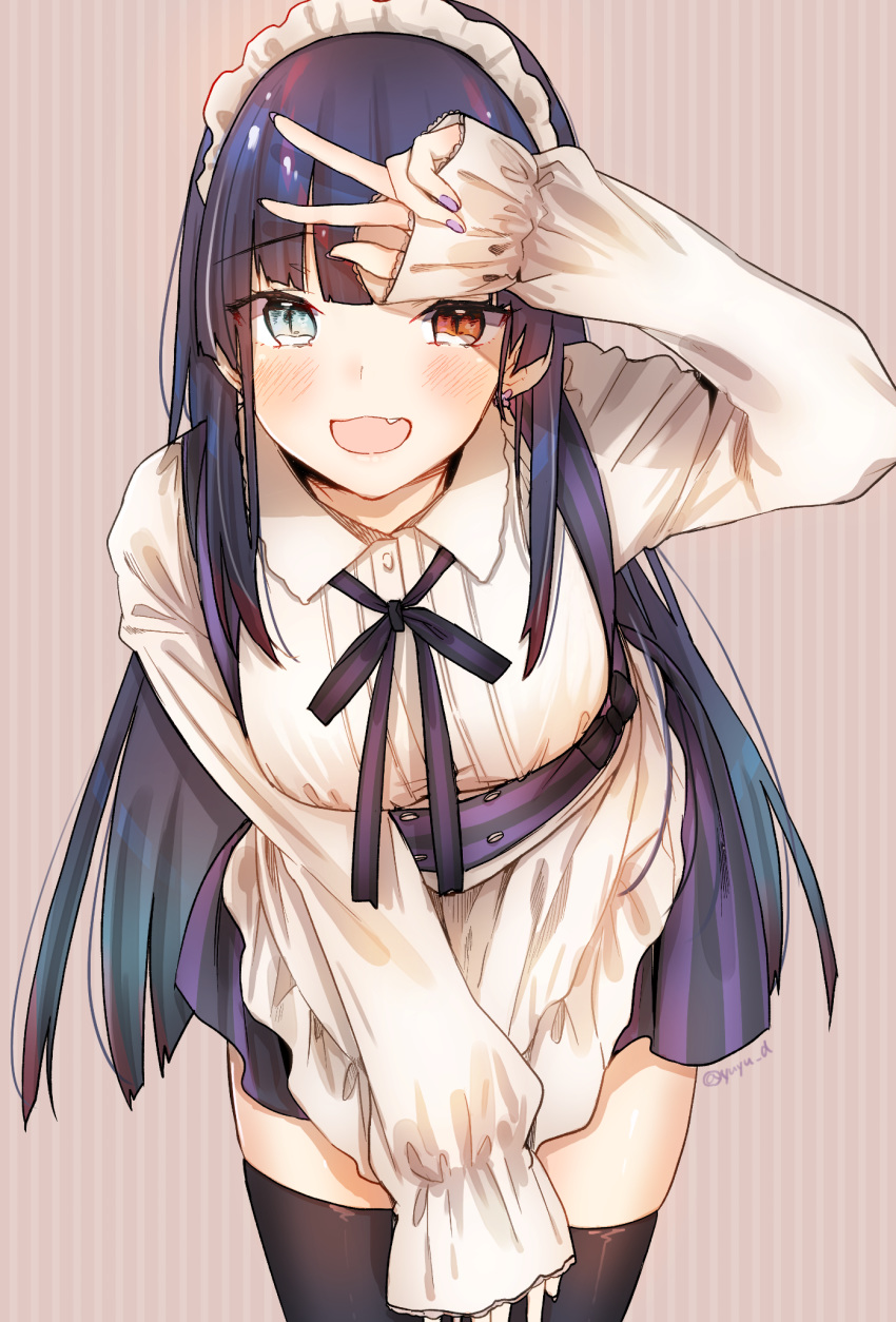 1girl :d apron bangs black_hair black_legwear blue_eyes blunt_bangs blush collared_shirt commentary_request cowboy_shot dress dress_shirt earrings eyebrows_visible_through_hair eyelashes fang fingernails flower_earrings frilled_apron frilled_headband frills hand_on_own_knee heterochromia highres hime_cut jewelry leaning_forward long_fingernails long_hair long_sleeves looking_at_viewer maid maid_apron maid_headdress nail_polish neck_ribbon open_mouth original pinafore_dress purple_dress purple_nails purple_neckwear purple_ribbon red_eyes ribbon shiny shiny_hair shirt simple_background skindentation sleeves_past_wrists smile solo standing straight_hair striped striped_background thigh-highs tsurime twitter_username underbust v vertical-striped_dress vertical_stripes waist_apron white_apron white_shirt wing_collar yu_yu zettai_ryouiki