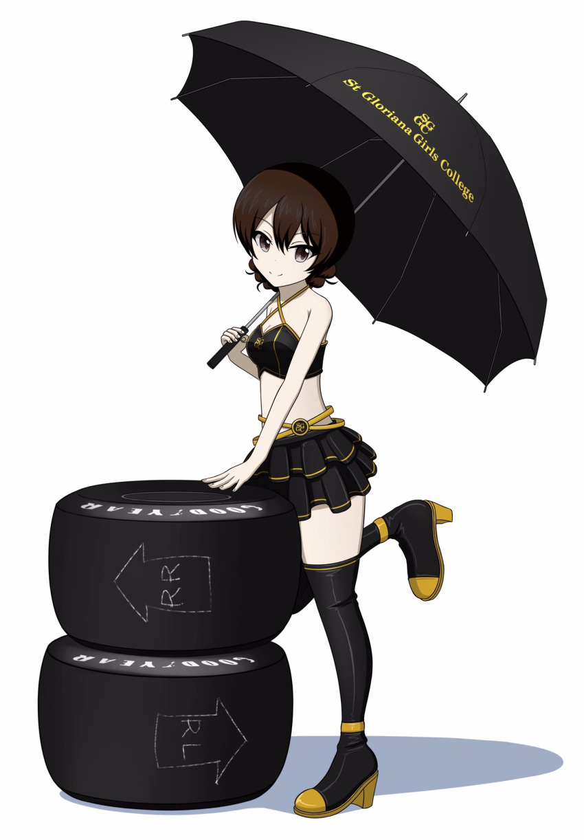 1girl alternate_costume alternate_eye_color alternate_hair_color bangs black_eyes black_footwear black_hair black_shirt black_umbrella boots braid closed_mouth commentary criss-cross_halter crop_top darjeeling_(girls_und_panzer) english_text eyebrows_visible_through_hair frilled_skirt frills girls_und_panzer goodyear halterneck high_heel_boots high_heels highres holding holding_umbrella kano_(nakanotakahiro1029) layered_skirt leg_up logo looking_at_viewer midriff miniskirt orange_belt pale_skin racequeen shadow shirt short_hair simple_background skirt smile solo standing standing_on_one_leg thigh-highs thigh_boots tied_hair twin_braids umbrella white_background