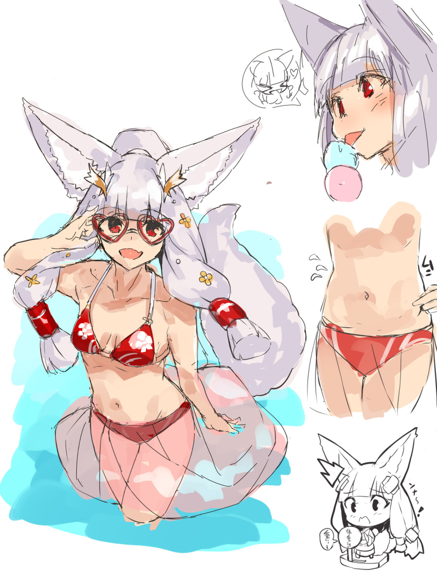 &gt;_&lt; /\/\/\ 1girl :d adjusting_eyewear animal_ear_fluff animal_ears bangs bare_arms bare_shoulders bikini blush breasts chibi collarbone commentary_request double_scoop eyebrows_visible_through_hair food fox_ears fox_girl fox_tail hair_ornament hair_tubes hand_up heart heart-shaped_eyewear highres ice_cream japanese_clothes kimono licking long_hair looking_at_viewer multiple_views open_mouth original ponytail red-framed_eyewear red_bikini red_eyes see-through sidelocks silver_hair sketch small_breasts smile standing swimsuit tail tongue tongue_out translation_request very_long_hair wading water weighing_scale white_background x_hair_ornament yuuji_(yukimimi)