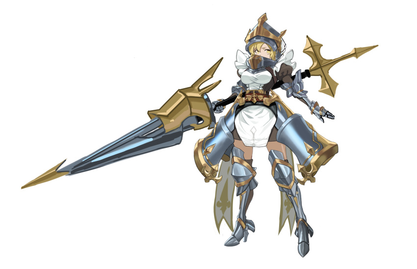 1girl armor belt black_legwear blonde_hair cross gauntlets greaves hair_between_eyes helmet highres holding holding_lance holding_polearm holding_weapon huge_weapon king's_raid lance maid polearm puffy_sleeves r1zen short_hair simple_background solo standing vambraces weapon white_background yellow_eyes