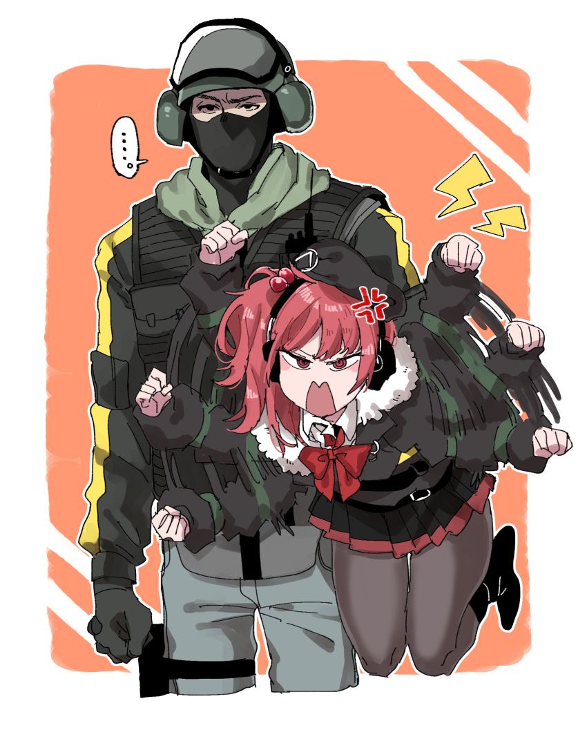 1boy 1girl anger_vein belt black_eyes black_footwear black_gloves black_skirt blush bow carrying_under_arm character_request clenched_hand crossover girls_frontline gloves grey_legwear hair_bobbles hair_ornament headphones helmet highres holster jacket long_sleeves mask mp7_(girls_frontline) pink_hair pocket rainbow_six_siege red_bow red_eyes redhead sanso_(kasyawamoti) skirt thigh_holster walkie-talkie