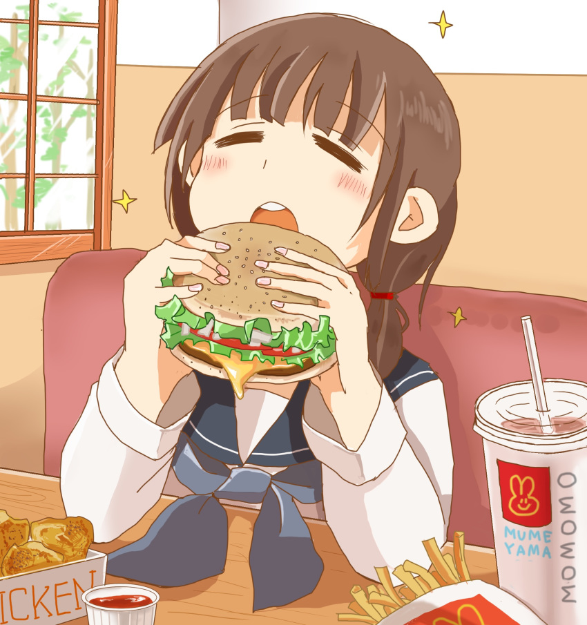 1girl aqua_neckwear aqua_sailor_collar bangs blush booth brown_hair cheese chicken_nuggets closed_eyes commentary_request day drinking_straw elbow_rest fast_food fingernails food french_fries hamburger highres holding indoors ketchup lettuce logo_parody long_sleeves low_twintails manmi mcdonald's nail_polish onion open_mouth original pink_nails restaurant round_teeth school_uniform serafuku sesame_seeds shirt sitting solo sparkle sunlight symbol_commentary table teeth tomato twintails white_shirt window wooden_table