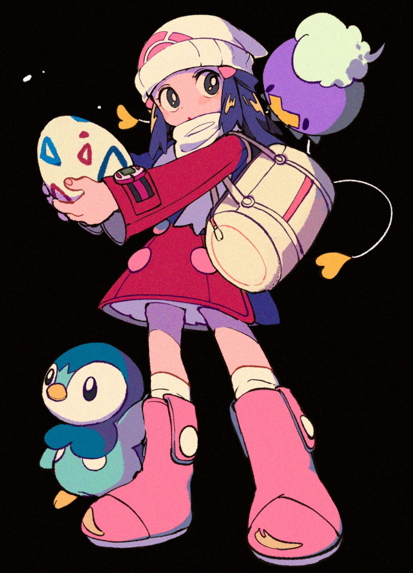 1girl beanie black_background black_hair boots coat commentary_request hikari_(pokemon) drifloon egg food gen_4_pokemon hair_ornament hat highres holding holding_egg holding_food long_hair long_sleeves looking_to_the_side ok_ko19 over-kneehighs pink_footwear piplup pokemon pokemon_(creature) pokemon_(game) pokemon_dppt pokemon_egg pokemon_platinum red_coat starter_pokemon thigh-highs white_headwear white_legwear