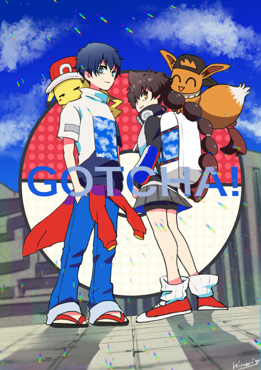 1boy 1girl absurdres backwards_hat baseball_cap blue_hair brown_hair closed_mouth eevee gen_1_pokemon gotcha! gotcha!_boy_(pokemon) gotcha!_girl_(pokemon) hand_in_pocket hat hatted_pokemon highres hinari080812 jacket long_hair looking_at_viewer on_shoulder pikachu pleated_skirt poke_ball pokemon pokemon_(creature) pokemon_on_shoulder short_sleeves skirt smile tied_hair twintails