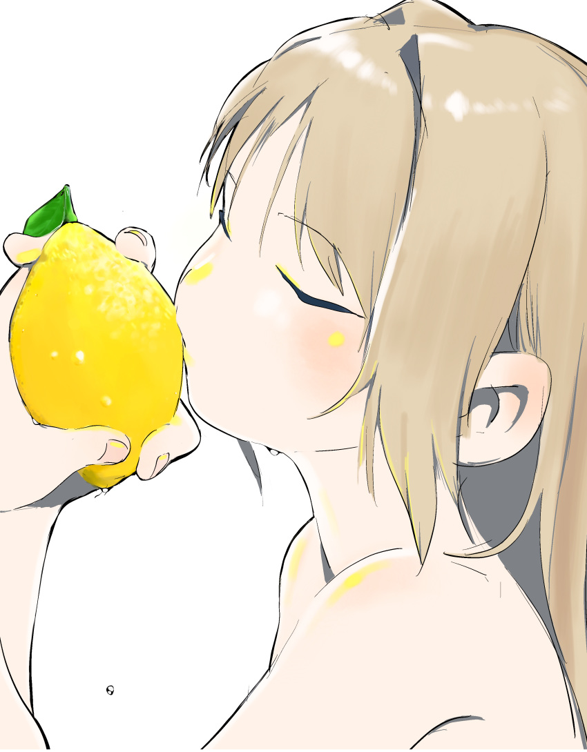 1girl absurdres bangs blush bouen closed_eyes eyebrows_visible_through_hair food fruit grey_hair highres holding holding_food holding_fruit lemon long_hair nude original simple_background solo upper_body water_drop white_background