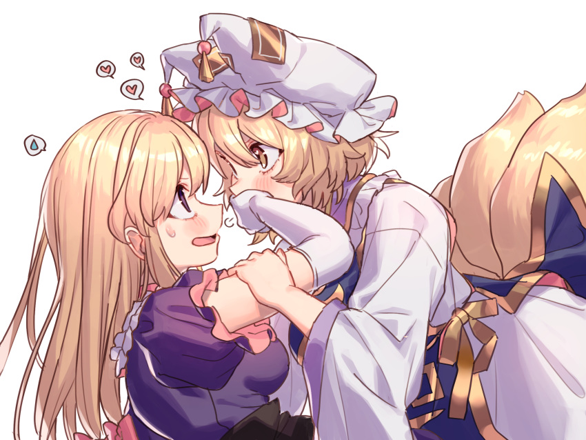 2girls =3 arm_grab bangs blonde_hair blush bow dress elbow_gloves fox_tail frilled_sleeves frills from_side gloves hair_bow hand_on_another's_mouth hat heart highres leaning_back leaning_forward long_hair long_sleeves looking_at_another masanaga_(tsukasa) multiple_girls multiple_tails pillow_hat pink_bow purple_dress short_hair short_sleeves simple_background spoken_heart spoken_sweatdrop sweatdrop tail touhou violet_eyes white_background white_dress white_gloves white_headwear yakumo_ran yakumo_yukari yellow_eyes yuri