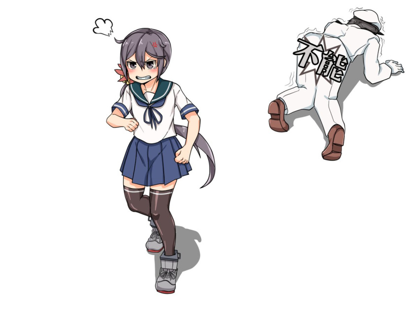 1boy 1girl admiral_(kantai_collection) akebono_(kantai_collection) all_fours anger_vein angry bell black_legwear blue_skirt clenched_teeth commentary_request flower full_body hair_bell hair_flower hair_ornament jingle_bell kantai_collection long_hair military military_uniform naval_uniform pleated_skirt purple_hair remodel_(kantai_collection) school_uniform serafuku short_sleeves side_ponytail simple_background skirt takasugi_heppu teeth thigh-highs translation_request uniform very_long_hair violet_eyes white_background