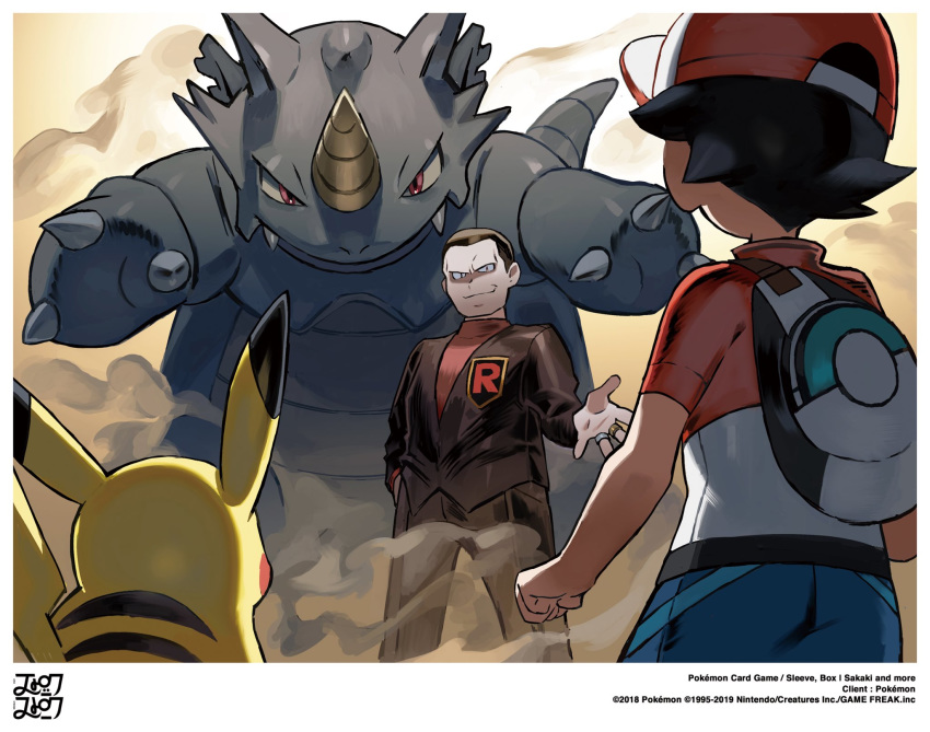 2boys baseball_cap black_hair chase_(pokemon) closed_mouth dated gen_1_pokemon giovanni_(pokemon) hand_in_pocket hat highres jewelry long_sleeves multiple_boys pants pikachu pokemon pokemon_(creature) pokemon_(game) pokemon_lgpe rhydon ring short_sleeves smirk spread_fingers team_rocket tokiya