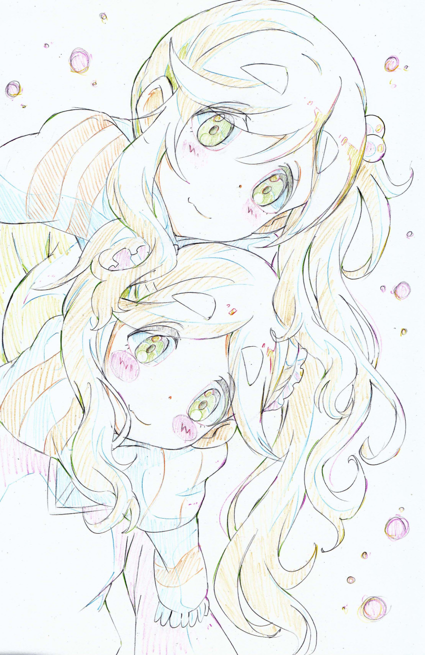2girls absurdres bangs blush_stickers closed_mouth color_trace colored_pencil_(medium) commentary dutch_angle eyebrows eyebrows_visible_through_hair fang fringe_trim hair_bobbles hair_ornament highres inuyama_akari inuyama_aoi kitazinger long_hair long_sleeves looking_at_viewer multiple_girls one_side_up scarf siblings sisters skin_fang smile sweater traditional_media yurucamp