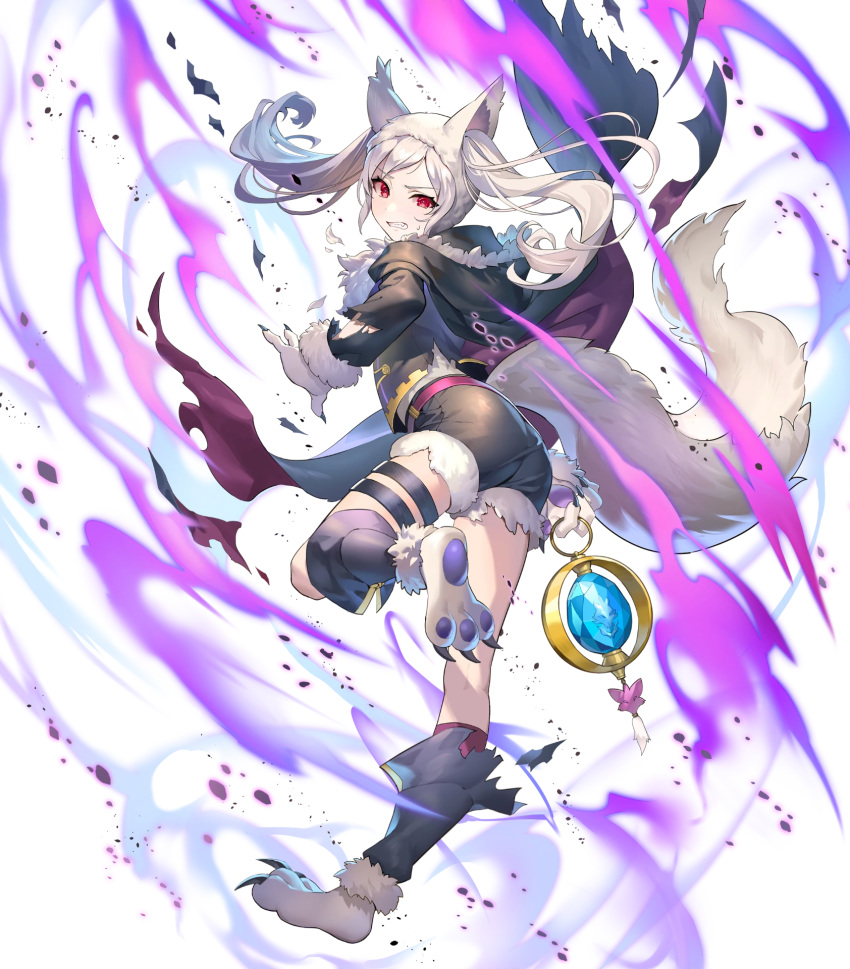 1girl alternate_costume animal_ears ass aura bangs claws clenched_teeth dark_aura detached_sleeves eyebrows_visible_through_hair fire_emblem fire_emblem_awakening fire_emblem_heroes from_behind full_body fur_trim grima_(fire_emblem) hair_ornament halloween_costume highres holding hood hood_down leg_up long_hair long_sleeves official_art parted_lips red_eyes robin_(fire_emblem) robin_(fire_emblem)_(female) shorts solo tail teeth teffish thigh_strap tied_hair torn_clothes transparent_background twintails white_hair wolf_ears wolf_tail