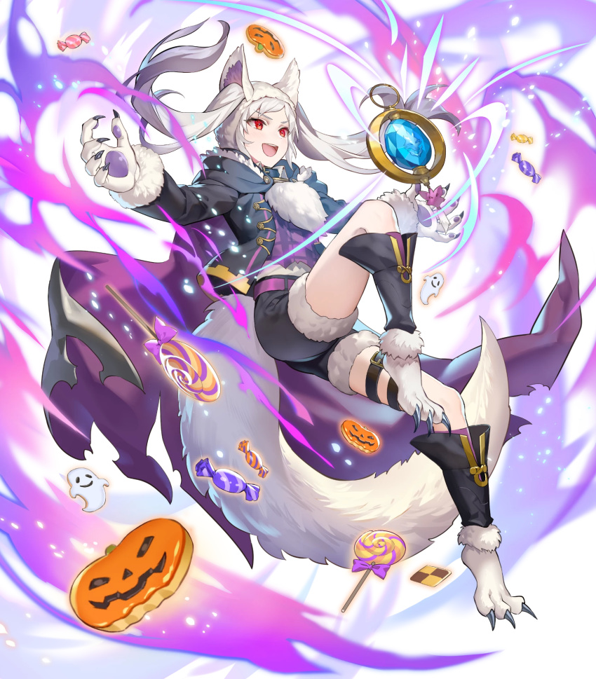 1girl alternate_costume animal_ears fire_emblem fire_emblem_awakening fire_emblem_heroes grima_(fire_emblem) halloween_costume highres long_hair official_art red_eyes robin_(fire_emblem) robin_(fire_emblem)_(female) shorts solo tail teffish tied_hair transparent_background twintails white_hair wolf_ears wolf_tail