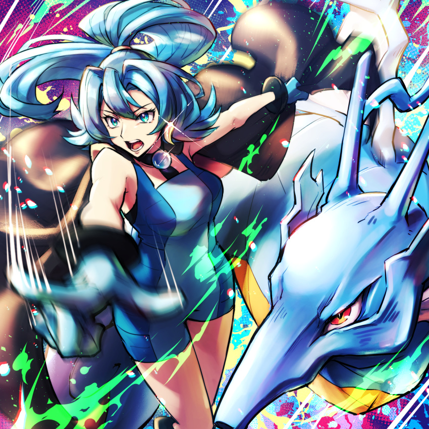 1girl akihorisu bangs bare_arms blue_bodysuit blue_eyes blue_gloves blue_hair bodysuit clair_(pokemon) commentary_request earrings eyelashes floating_hair gen_2_pokemon glint gloves hair_between_eyes highres jewelry kingdra long_hair motion_blur multicolored multicolored_background open_mouth pointing pokemon pokemon_(game) pokemon_hgss teeth tongue