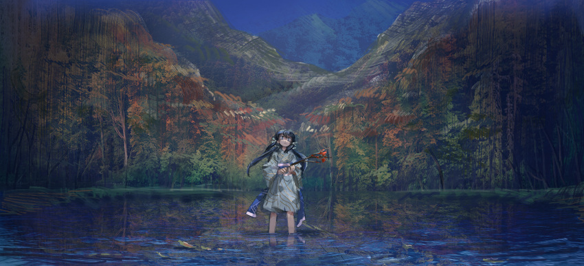 1girl absurdres blue_eyes blue_hair blue_sash branch closed_mouth forest grey_kimono highres holding holding_branch japanese_clothes kimono lake long_hair looking_at_viewer low_twintails nature obi original sash scenery shichigatsu solo standing tree twintails wading