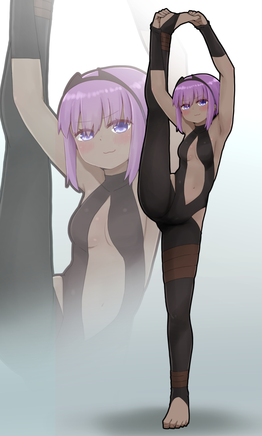 1girl armpits arms_up bangs bare_shoulders black_bodysuit blush bodysuit breasts closed_mouth dark_skin eyebrows_visible_through_hair eyes_visible_through_hair fate/prototype fate/prototype:_fragments_of_blue_and_silver fate_(series) hair_over_one_eye hassan_of_serenity_(fate) highres i.u.y leg_up looking_at_viewer navel no_shoes purple_hair small_breasts smile solo split standing standing_on_one_leg standing_split stirrup_legwear toeless_legwear violet_eyes zoom_layer