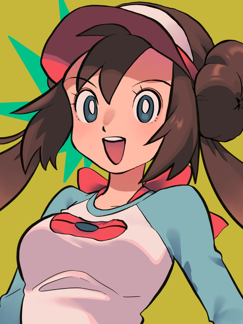 1girl :d aqua_eyes bangs bow breasts brown_hair commentary_request eyebrows_visible_through_hair eyelashes highres long_hair looking_at_viewer nosutaal open_mouth pink_bow pokemon pokemon_(game) pokemon_bw2 raglan_sleeves rosa_(pokemon) sidelocks smile solo teeth twintails upper_body visor_cap