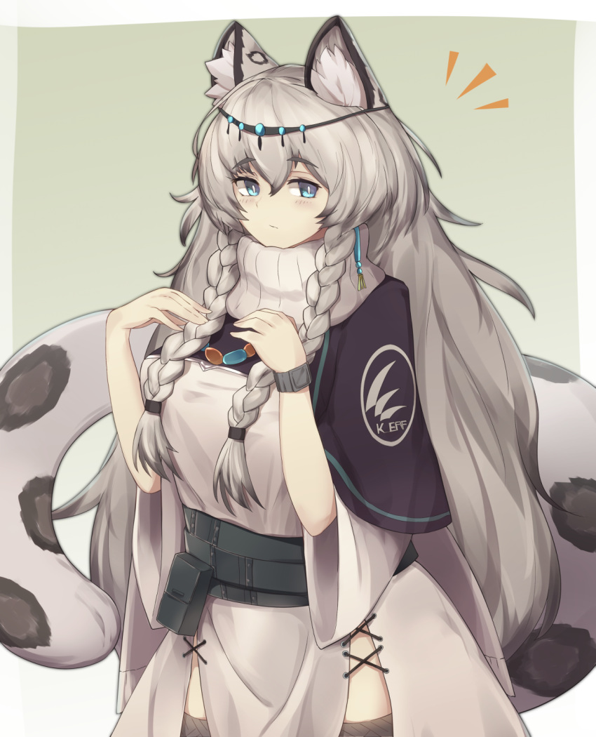 1girl animal_ear_fluff animal_ears arknights bangs belt belt_pouch black_capelet blue_eyes braid capelet commentary_request eyebrows_visible_through_hair gradient gradient_background green_background grey_hair hair_between_eyes hands_up highres hip_vent large_tail leopard_ears leopard_tail long_hair pouch pramanix_(arknights) simple_background solo tail thigh-highs turtleneck twin_braids wide_sleeves yonaga
