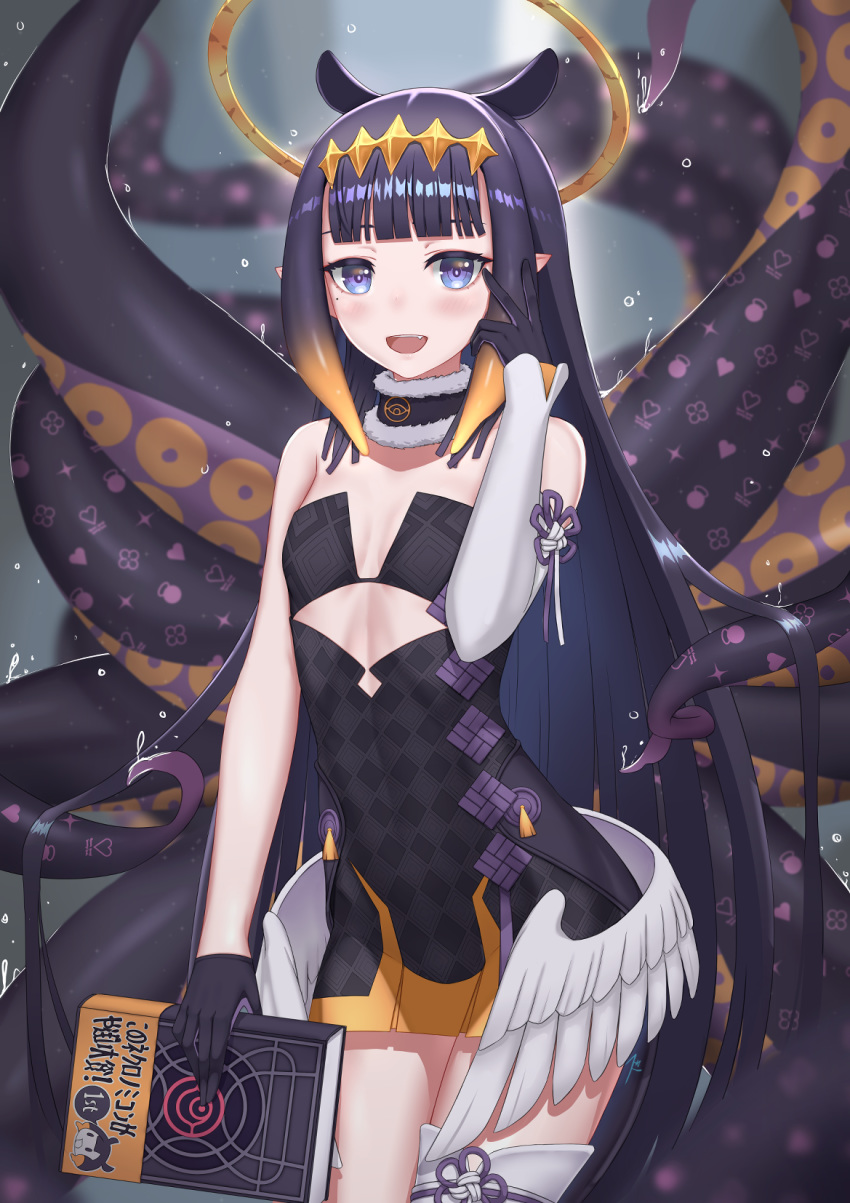 1girl bangs black_dress black_gloves blue_eyes blunt_bangs blush book detached_sleeves dress fang flat_chest gloves halo highres holding holding_book hololive hololive_english long_hair looking_at_viewer mole mole_under_eye ninomae_ina'nis open_mouth purple_hair solo suikunart tentacle_hair tentacles virtual_youtuber
