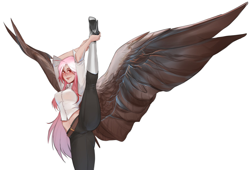 1girl absurdres ahoge angel angel_wings belt breasts commentary cowboy_shot english_commentary gradient_hair haohi_(less) high_heels highres less long_hair medium_breasts multicolored_hair original pants pink_hair red_eyes simple_background solo split standing standing_on_one_leg standing_split two-tone_hair very_long_hair white_background white_hair wings
