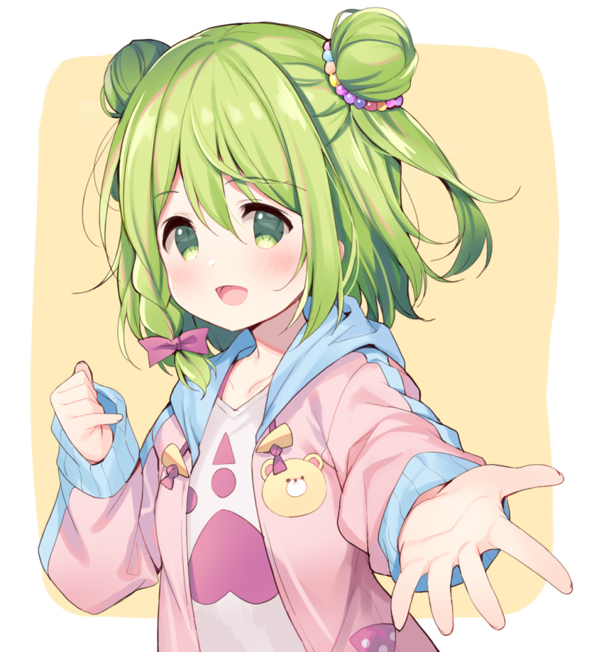 1girl :d bangs beige_background blush bow braid collarbone double_bun drawstring eyebrows_visible_through_hair green_eyes green_hair hair_between_eyes hair_bow highres hood hood_down hooded_jacket jacket long_sleeves meito_(maze) morinaka_kazaki nijisanji open_clothes open_jacket open_mouth outstretched_arm pink_bow pink_jacket shirt side_braid single_braid sleeves_past_wrists smile solo two-tone_background upper_body virtual_youtuber white_background white_shirt