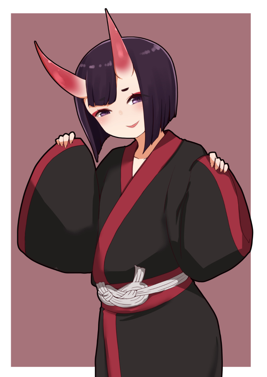 1girl bangs black_kimono brown_background eyebrows_visible_through_hair fang fate/grand_order fate_(series) hands_up highres horns i.u.y japanese_clothes kimono long_sleeves looking_at_viewer oni oni_horns parted_lips pinching_sleeves purple_hair short_eyebrows short_hair shuten_douji_(fate/grand_order) sleeves_past_wrists smile solo thick_eyebrows two-tone_background violet_eyes white_background wide_sleeves