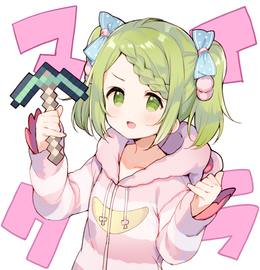 1girl :d animal_ears animal_hood bangs bear_ears bear_hood blue_bow blush bow braid braided_bangs collarbone diamond_pickaxe drawstring fake_animal_ears green_eyes green_hair hair_bow hands_up highres holding hood hood_down hooded_jacket jacket long_sleeves looking_at_viewer meito_(maze) minecraft morinaka_kazaki nijisanji open_mouth pinky_out polka_dot polka_dot_bow simple_background sleeves_past_wrists smile solo striped_jacket swept_bangs twintails v-shaped_eyebrows virtual_youtuber white_background