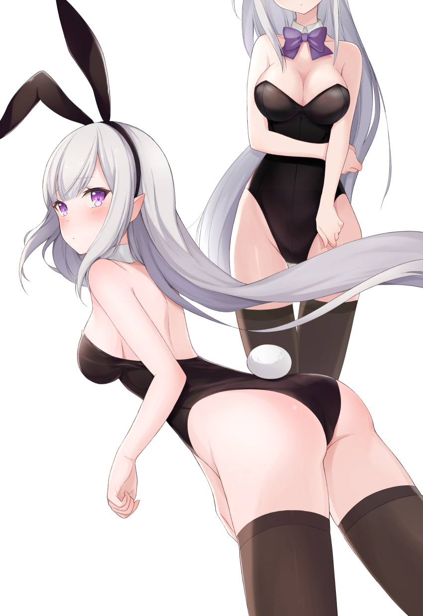 absurdres animal_ears ass bunny_girl echiru39 emilia_(re:zero) emilia_(re_zero) highres no_bra pointy_ears rabbit_ears re:zero_kara_hajimeru_isekai_seikatsu silver_hair tail thigh-highs violet_eyes