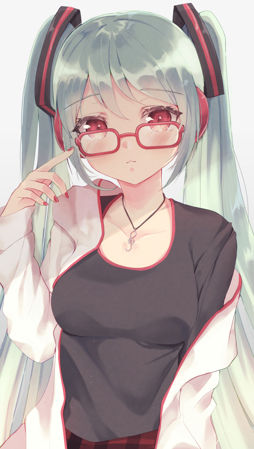 1girl :&lt; absurdres alternate_eye_color aqua_hair arm_at_side bangs black_shirt blush breasts closed_mouth commentary glasses green_hair hair_ornament hand_up hatsune_miku headphones highres huge_filesize jacket jewelry leehwa long_hair long_sleeves looking_at_viewer medium_breasts nail_polish necklace off_shoulder pendant plaid pointing pointing_at_self red-framed_eyewear red_eyes red_nails shirt sidelocks simple_background solo twintails upper_body vocaloid white_background white_jacket