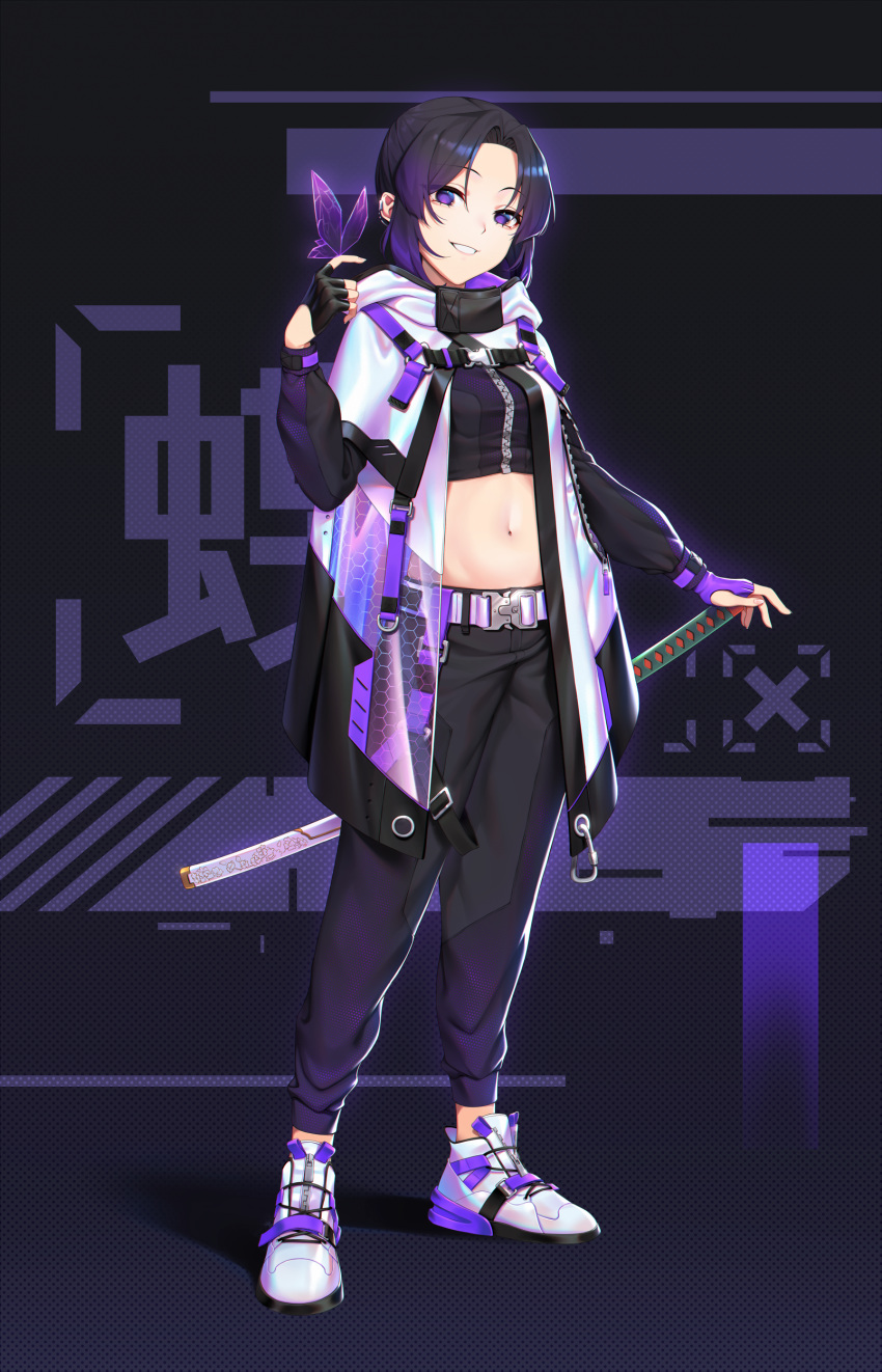 1girl absurdres belt black_pants bug butterfly fingerless_gloves full_body gloves half-closed_eyes highres insect kimetsu_no_yaiba kochou_shinobu long_sleeves midriff navel open_clothes pants reiji-rj shoes smile sneakers solo stomach sword violet_eyes weapon