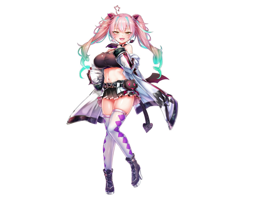 1girl :d ahoge aqua_hair bare_shoulders belt boots breasts buckle coat crop_top demon_wings doyouwantto facial_mark fang full_body gloves gradient_hair hand_on_hip headset high_heel_boots high_heels highres horns indie_virtual_youtuber kiara_amemura large_breasts long_hair long_sleeves low_wings midriff miniskirt multicolored_hair multiple_belts navel off_shoulder official_art open_clothes open_coat open_mouth pink_hair pleated_skirt skirt slit_pupils smile solo star_(symbol) star_ahoge stomach streaked_hair thigh-highs thighs twintails wings yellow_eyes