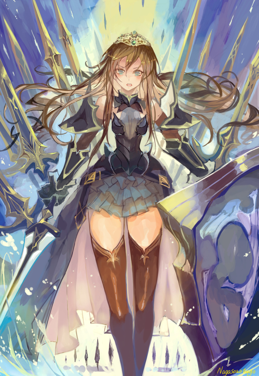 1girl armor bare_shoulders black_legwear blonde_hair blue_eyes breastplate dress elbow_gloves gauntlets gloves highres holding holding_shield holding_sword holding_weapon layered_skirt long_hair nagasawa_tougo open_mouth original shield skirt solo sword thigh-highs tiara weapon