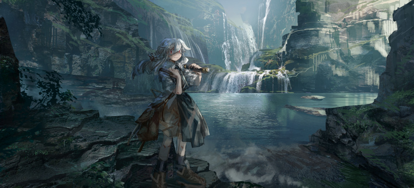 1girl absurdres ankle_boots bag black_legwear boots brown_footwear brown_shorts closed_mouth collared_shirt hands_up highres holding lake looking_at_viewer mountain original red_eyes scenery shichigatsu shirt shorts shoulder_bag smile socks solo water waterfall white_hair white_shirt