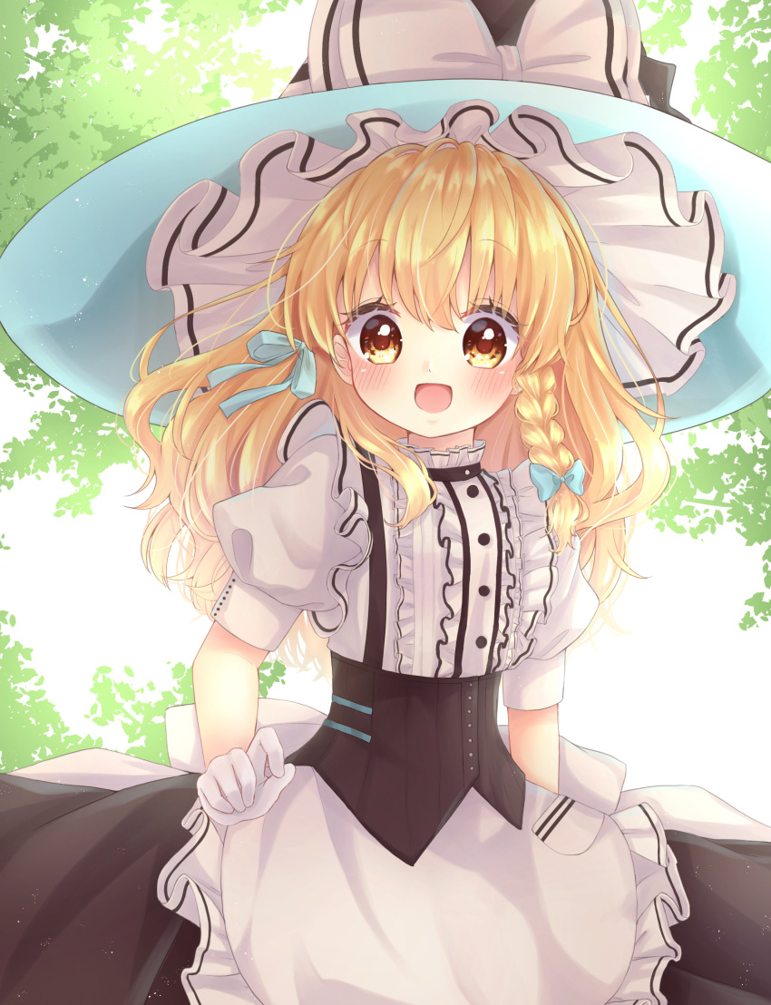 1girl :d absurdres apron backlighting bangs black_headwear black_skirt blush braid commentary_request cowboy_shot day eyebrows_visible_through_hair gloves hair_ribbon hat hat_ribbon highres kirisame_marisa looking_at_viewer mimi89819132 open_mouth outdoors puffy_short_sleeves puffy_sleeves ribbon shirt short_sleeves single_braid skirt smile solo standing touhou tress_ribbon underbust waist_apron white_gloves white_shirt witch_hat yellow_eyes