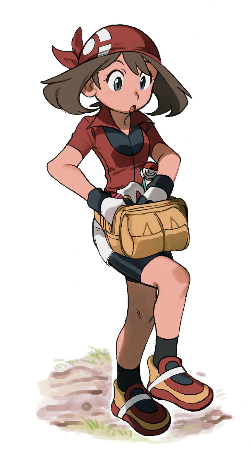 1girl absurdres bike_shorts black_legwear brown_hair commentary_request elizabeth_(tomas21) eyelashes full_body gloves grass grey_eyes highres leg_up may_(pokemon) open_mouth pokemon pokemon_(game) pokemon_rse red_bandana red_shirt searching shirt shoes short_sleeves shorts socks solo tongue white_shorts