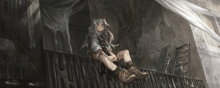 1girl ankle_boots between_legs black_legwear boots bright_pupils brown_footwear brown_shorts grey_hair hand_between_legs highres looking_at_viewer low_twintails on_railing original parted_lips railing red_eyes shichigatsu shorts sitting socks solo tabard twintails white_pupils